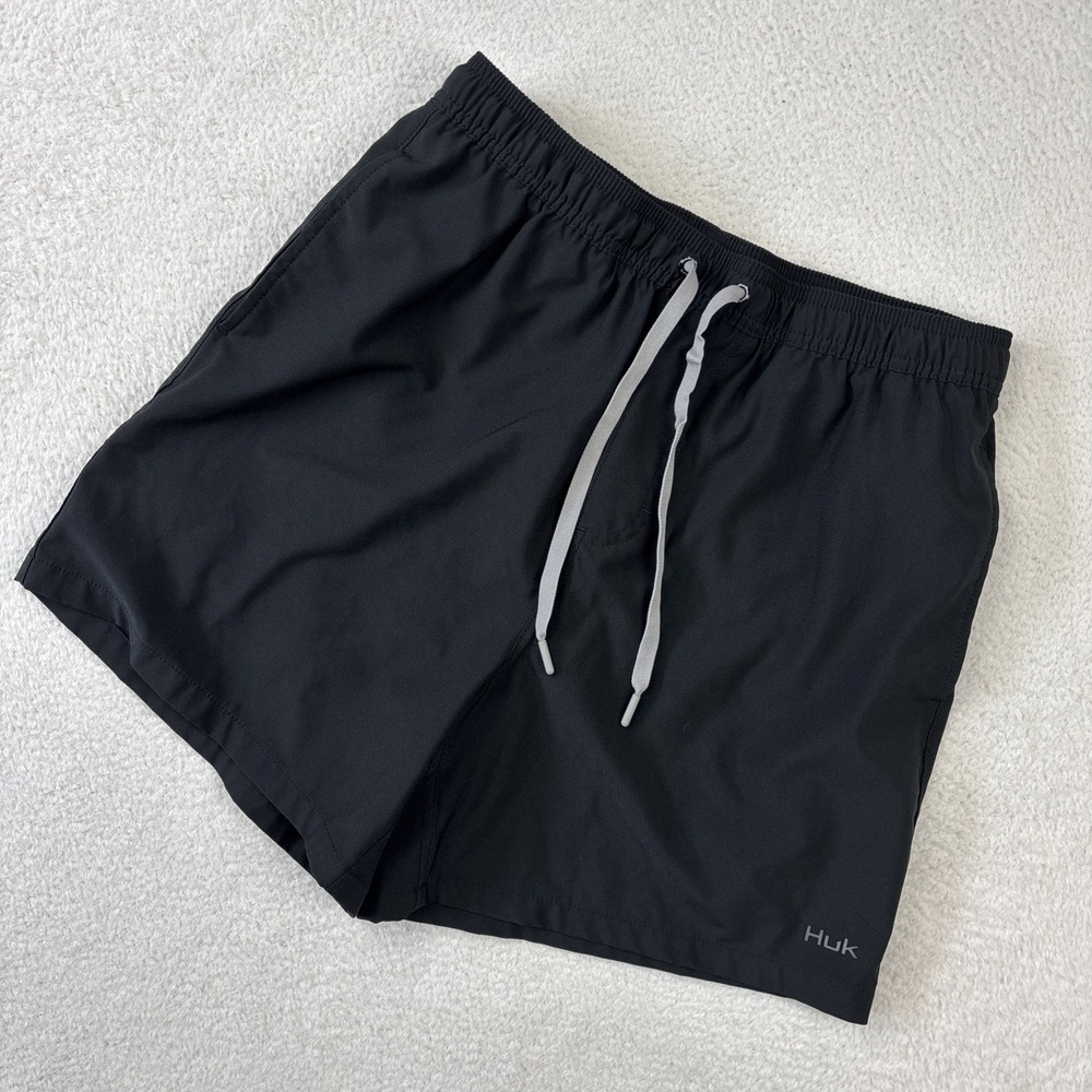 HUK 'Volley Swim Shorts' Mens Medium 5.5" Solid Black Mesh Lined Elastic Waist